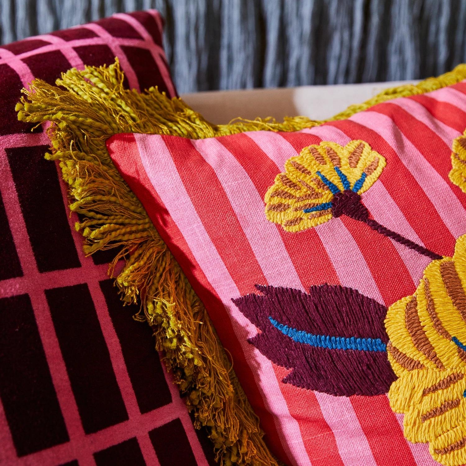 Annette Embroidered Cushion - Cosmo Pink