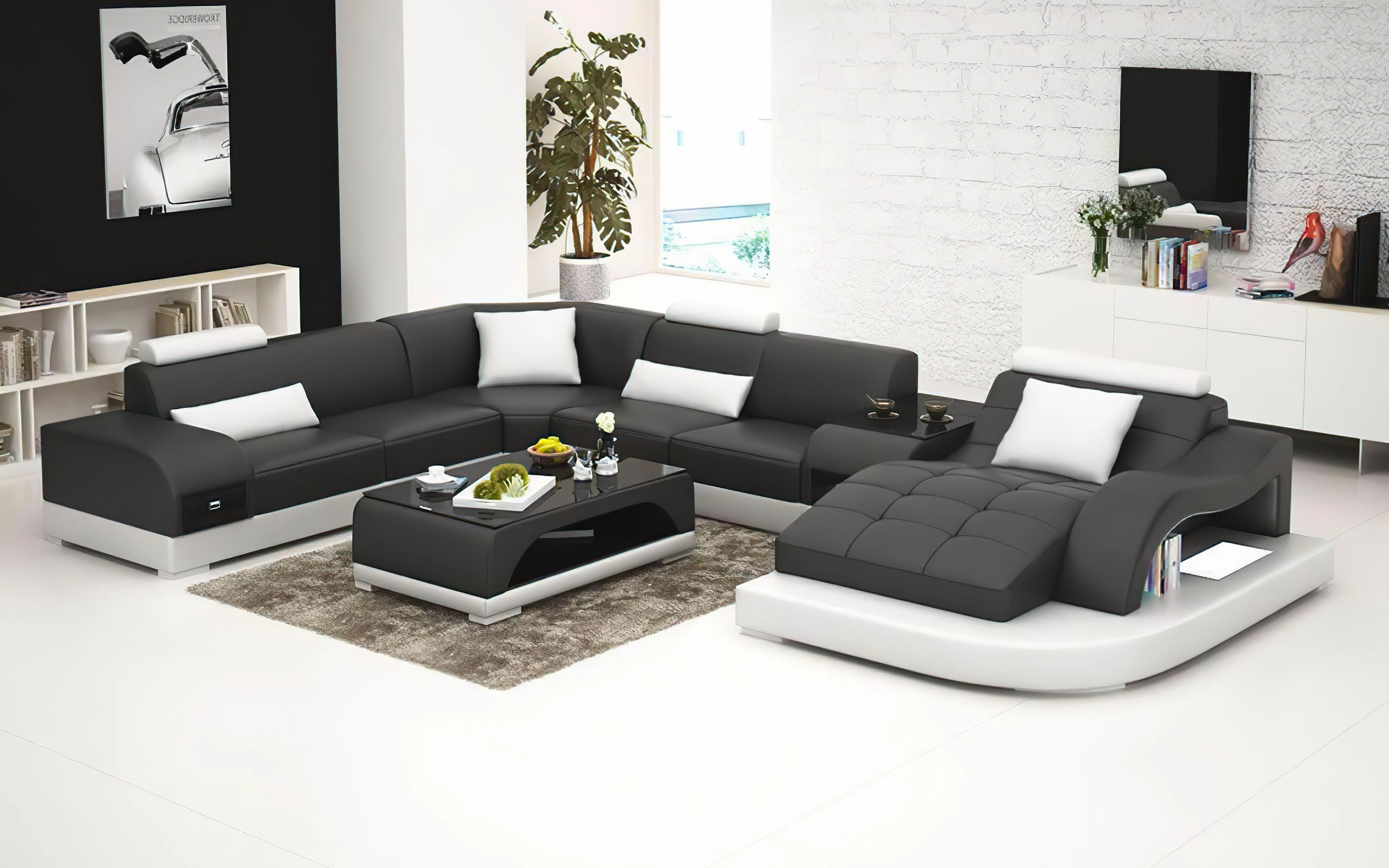 Browns Leather LED Light Sectional with Shape Chaise