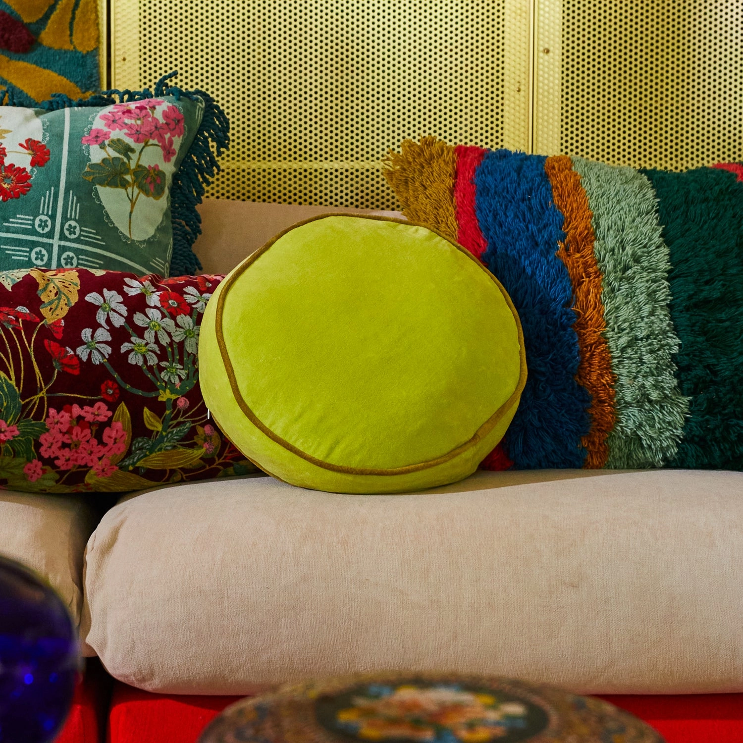 Castilo Round Velvet Cushion - Chartreuse