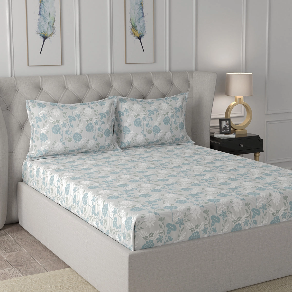 Florescence Briar Printed 100% Cotton Blue Bed Sheet with Pillow Case