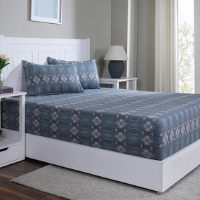 Hermosa Sensory Bloom Gareth 100% Cotton Printed Fitted Sheet with Pillow Case Blue