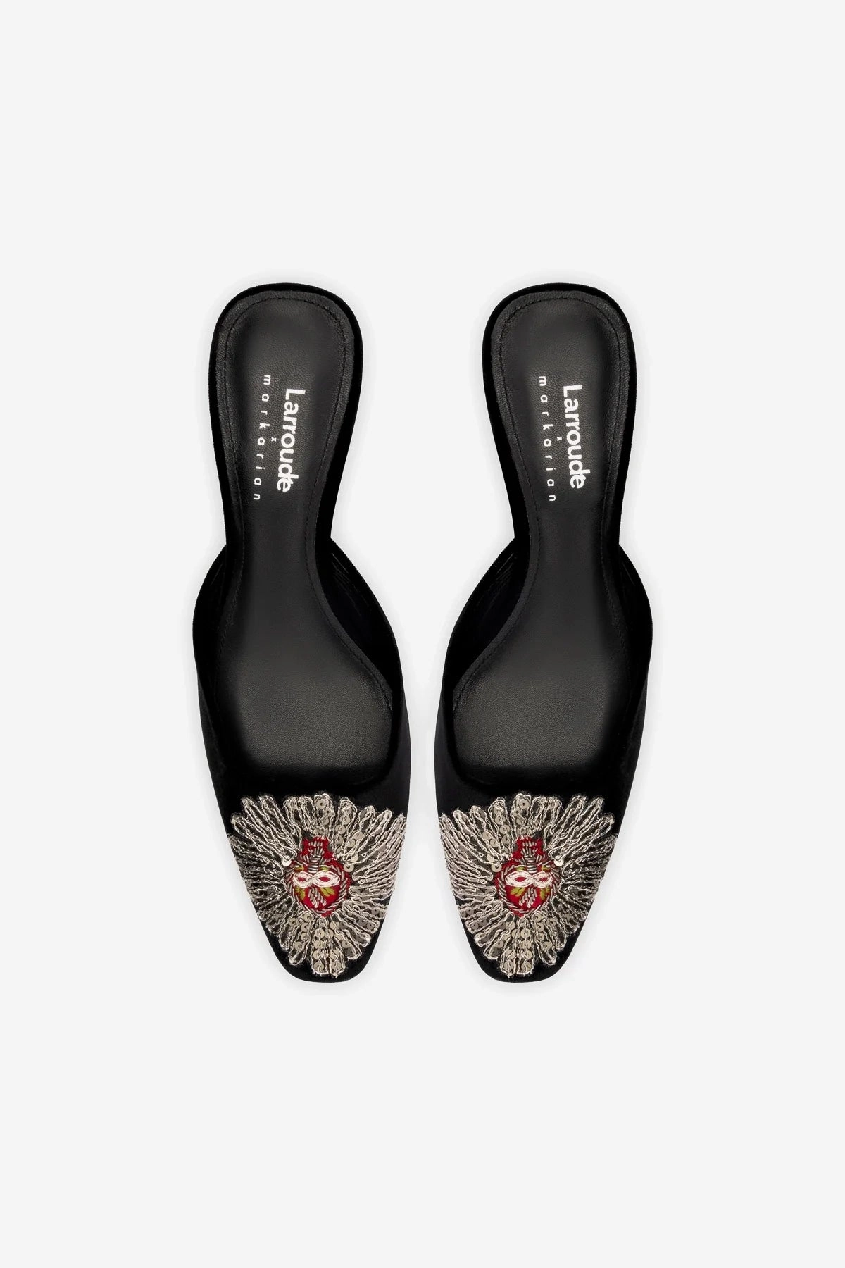 Larroudé x Markarian Mule In Black Velvet and Heart Embroidery