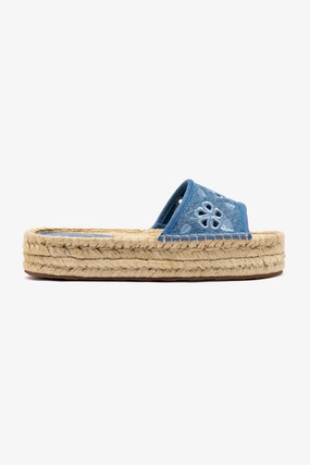 Letizia Espadrille Flatform In Blue Stoned Denim and Hibiscus Broderie