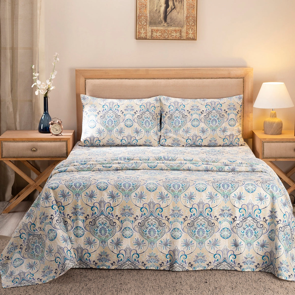 Nouveau Tradition Lawn Rerun Blue Bed Sheet with Pillow Case