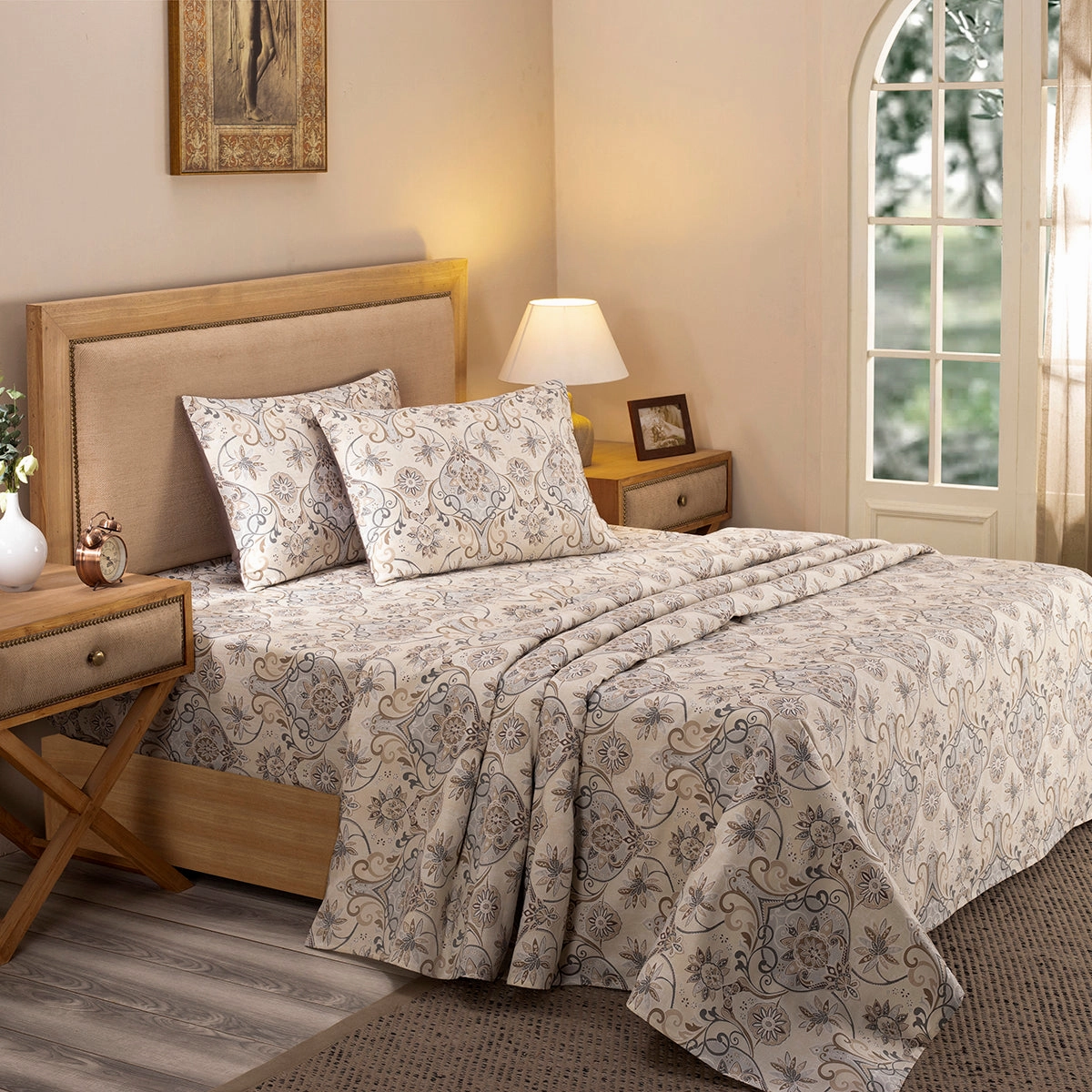 Nouveau Tradition Lawn Rerun Neutral Bed Sheet with Pillow Case