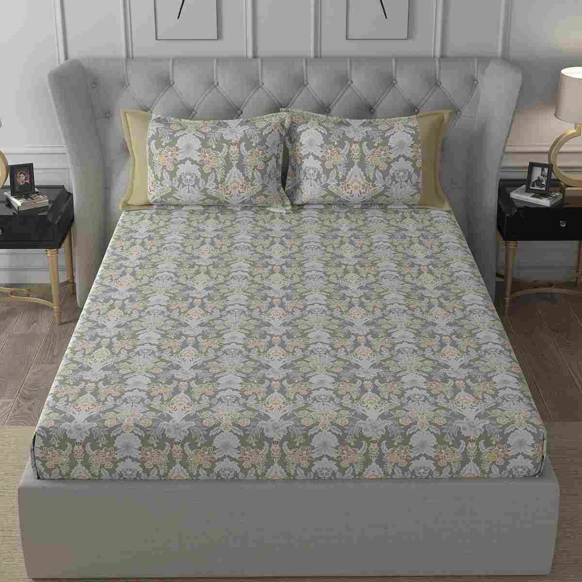 Regency Dark Flora Printed 210TC 100 %Cotton Neutral Bed Sheet with Pillow Case