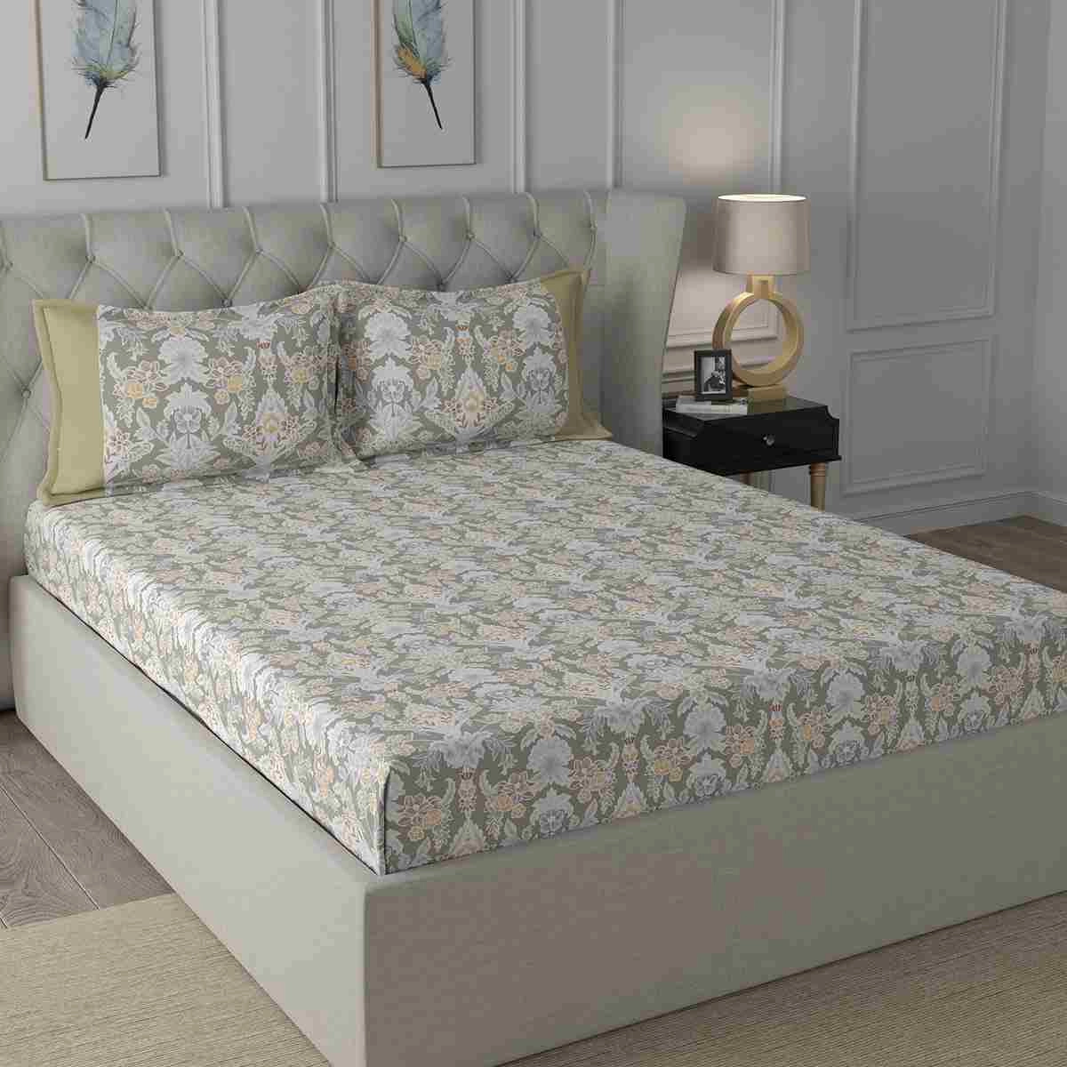 Regency Dark Flora Printed 210TC 100 %Cotton Neutral Bed Sheet with Pillow Case