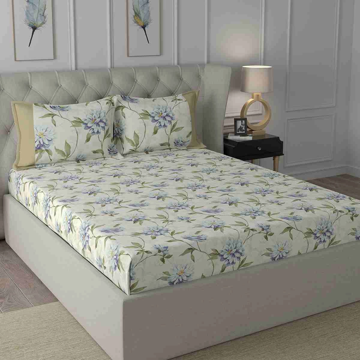 Regency Neveah Printed 210TC 100 %Cotton Blue Bed Sheet with Pillow Case