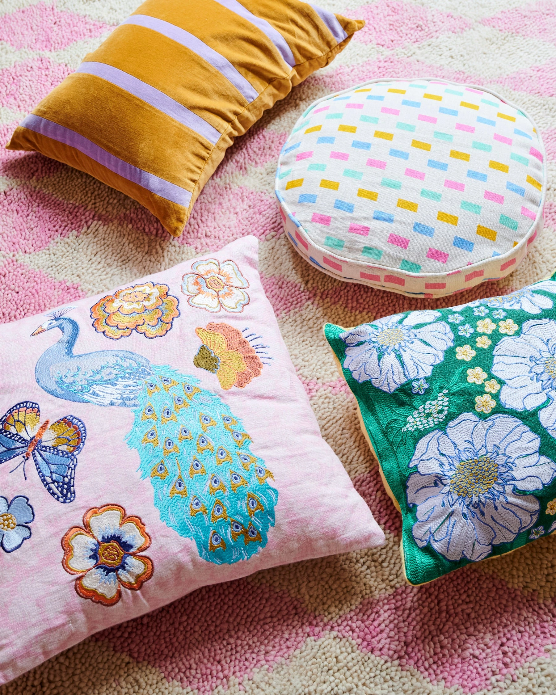 Tumbling Flowers Green Embroidered Cushion